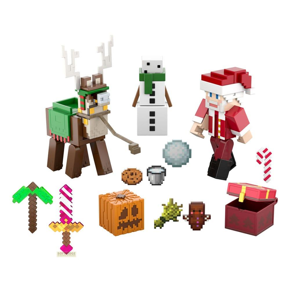 Pixelige Minecraft-Figuren: Rentier, Weihnachtsmann, Schneemann, Kürbis, Schwert, Geschenkbox, Keks, Schneeball.