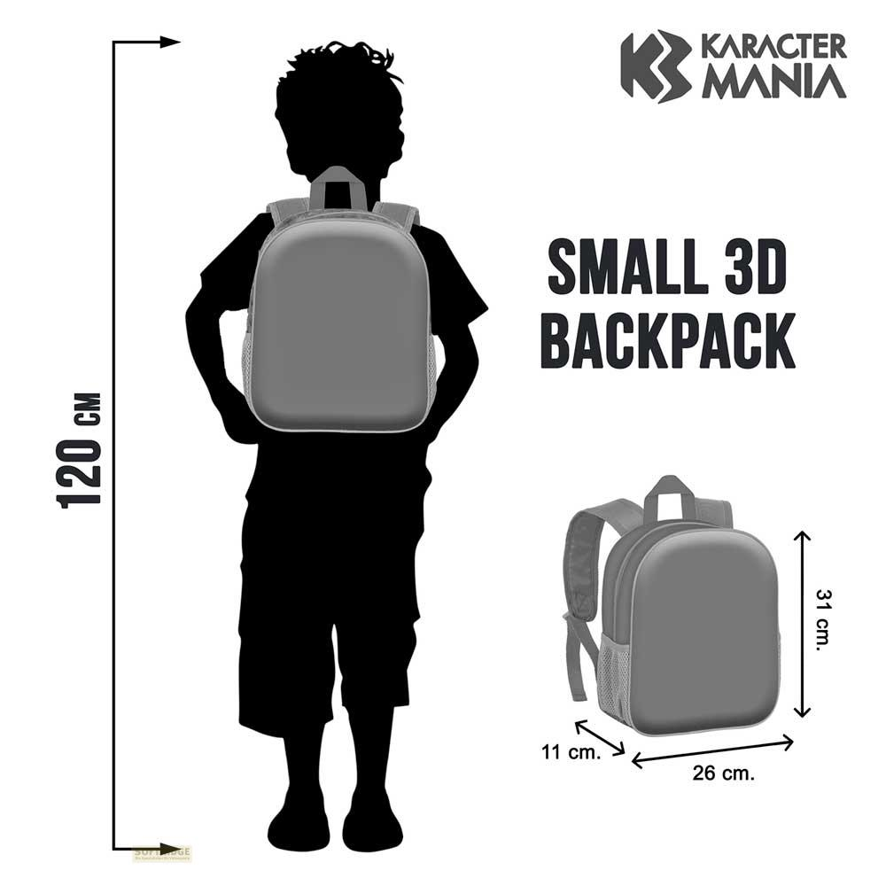 Eine Kindersilhouette steht neben einem kleinen 3D-Rucksack und zeigt Größenvergleich.