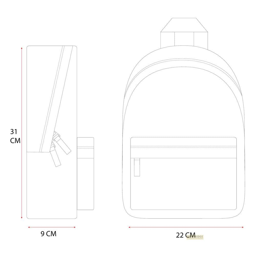 Linienzeichnung eines Rucksacks mit Maßen: 31cm Höhe, 9cm Tiefe, 22cm Breite.