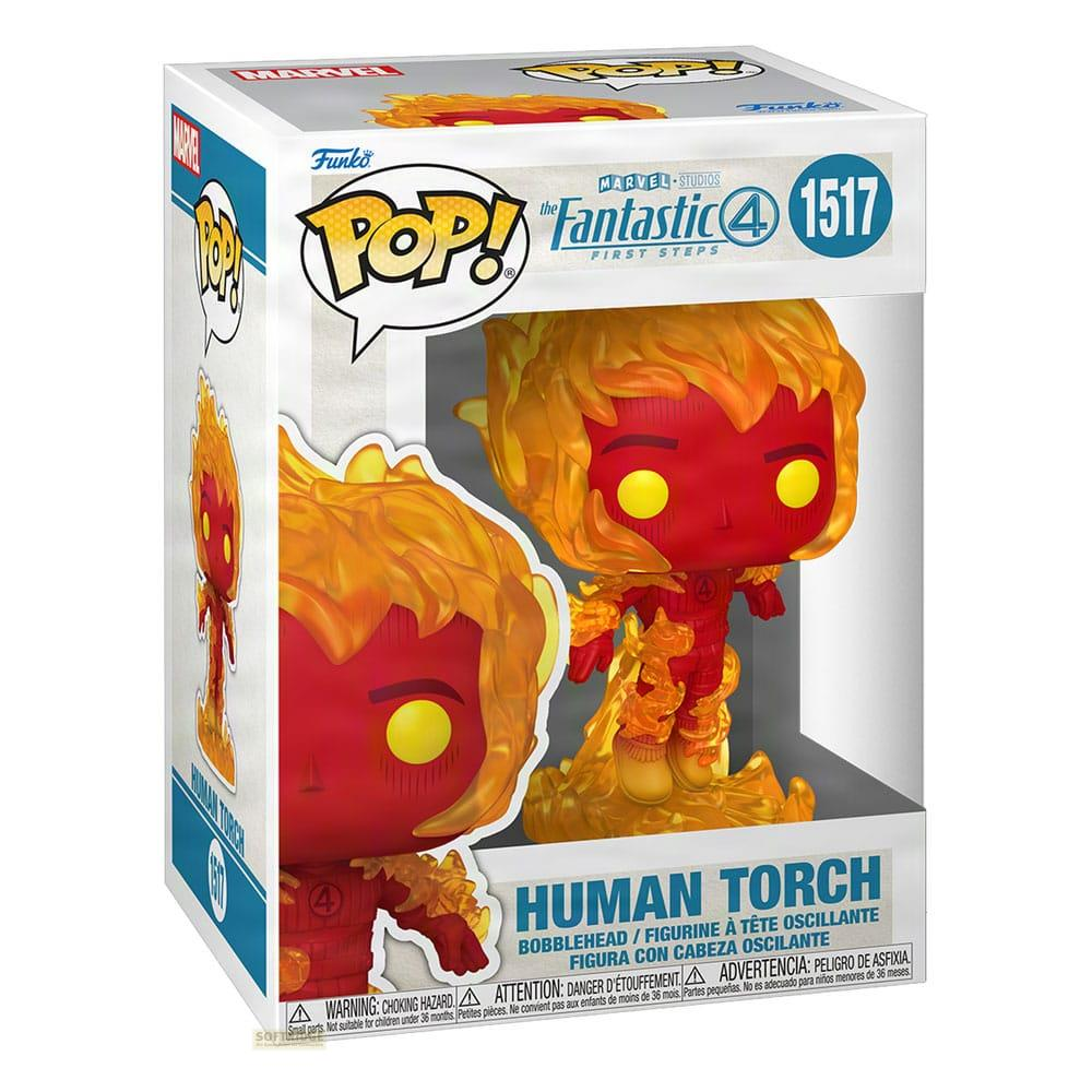 Funko Pop! Box mit Human Torch von Fantastic Four, mit einer Wackelkopffigur darin.