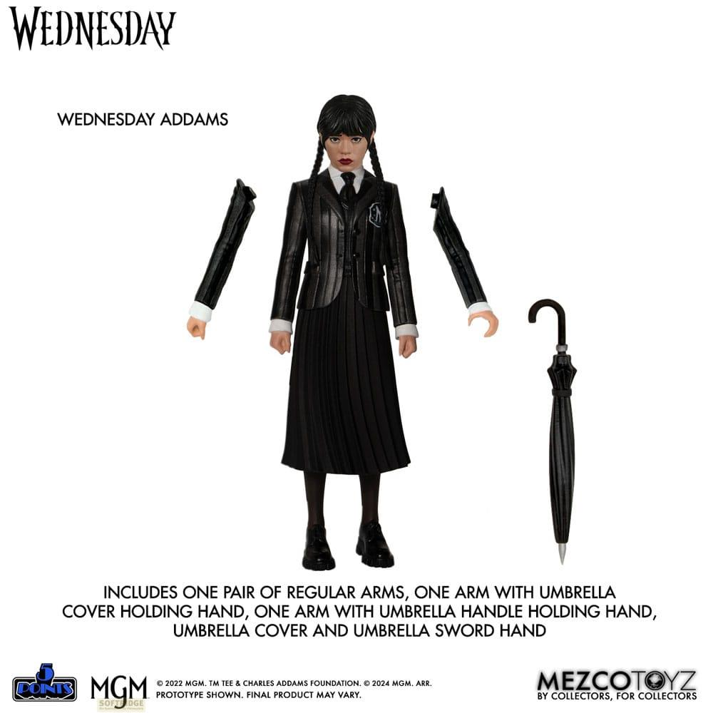 Figura de Wednesday Addams con brazos intercambiables y paraguas.