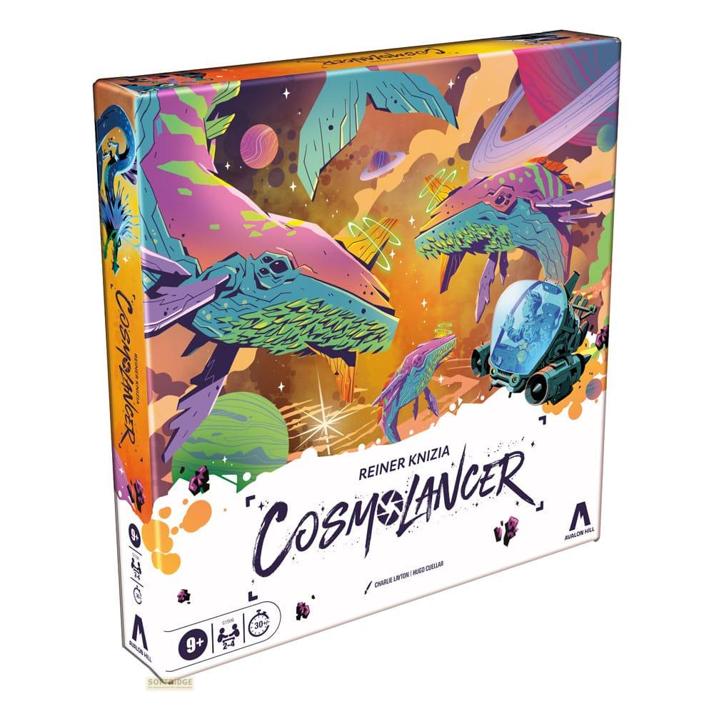 Scatola del gioco da tavolo Cosmancer con balene spaziali colorate, pianeti e un'astronave.