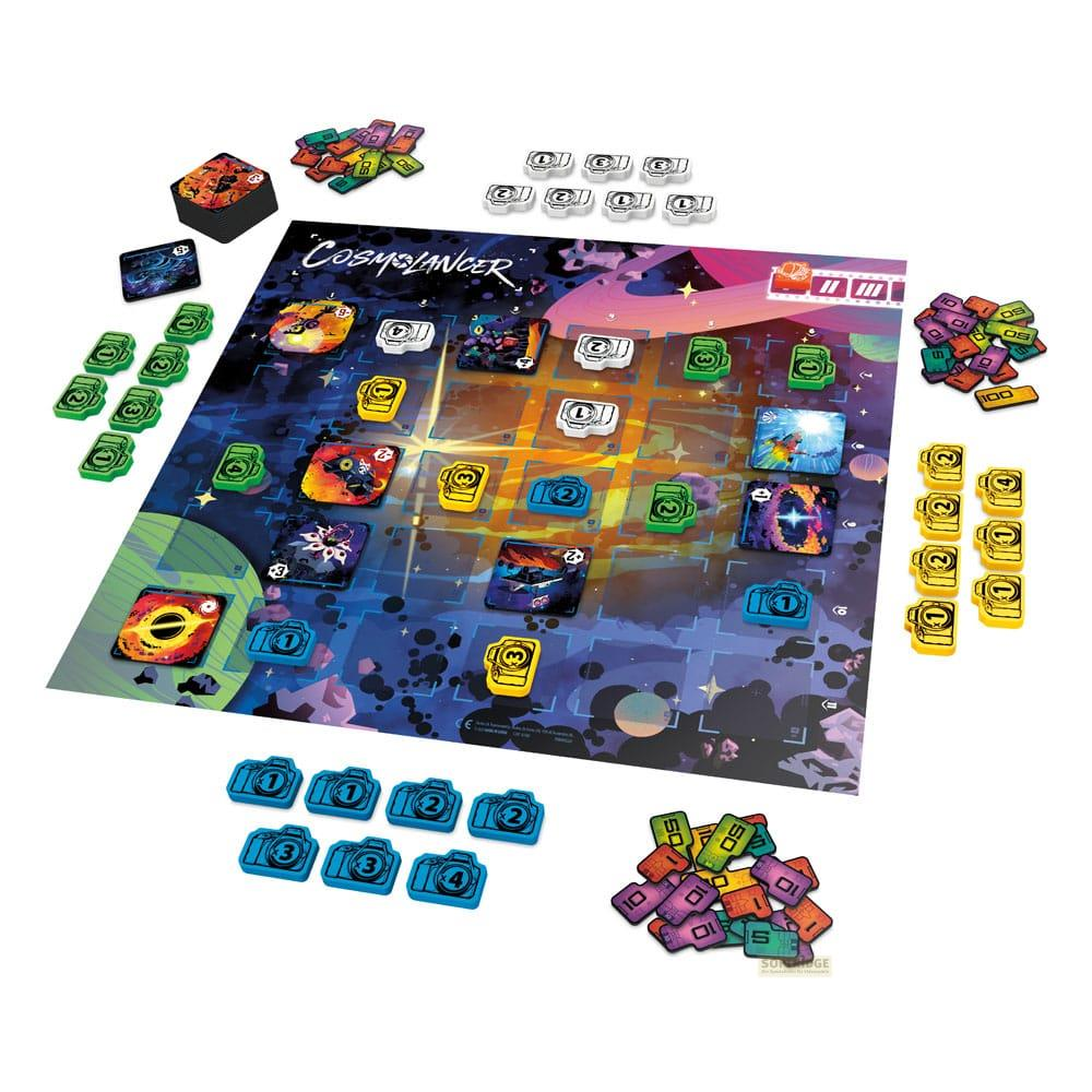 Gioco da tavolo Cosmoplaner con segnalini e carte viola, verdi, gialli e blu.