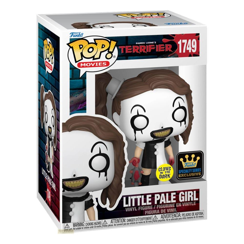 Figura de vinilo Funko Pop de Little Pale Girl de Terrifier, con cara blanca y traje negro.