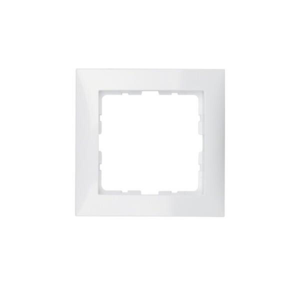 Una cornice quadrata bianca per un interruttore o una presa, isolata su sfondo bianco.