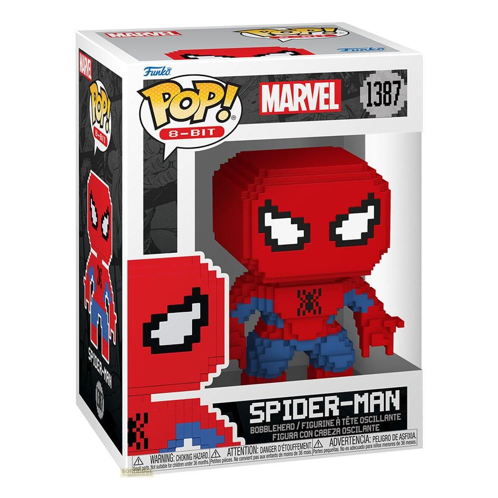 Figura Funko Pop! 8-Bit Spider-Man en caja, diseño pixelado rojo y azul.
