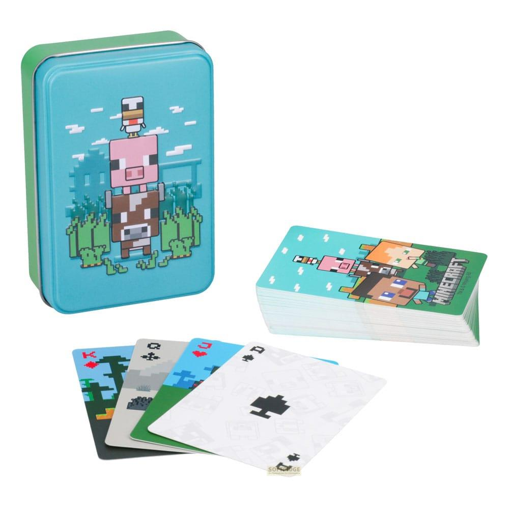 Niebieska puszka Minecraft z kartami do gry i talią kart.