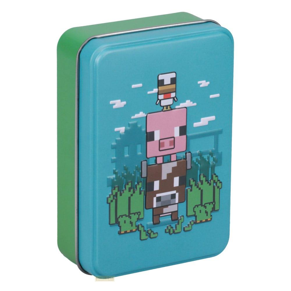 Puszkowata puszka w stylu Minecraft z pikselowymi postaciami świni i krowy na niebieskim tle.
