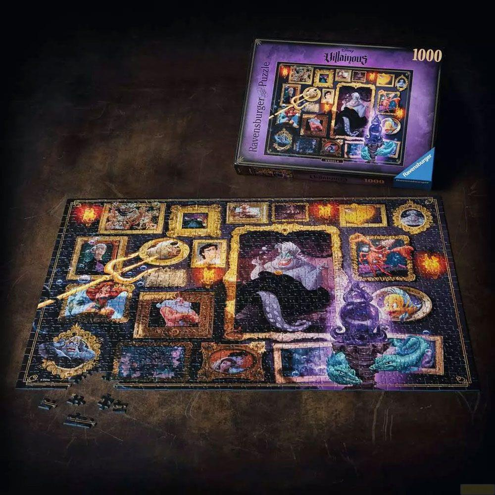 Puzzle Ravensburger Disney "Złoczyńcy" z Urszulą i innymi postaciami w obrazach w ramach.