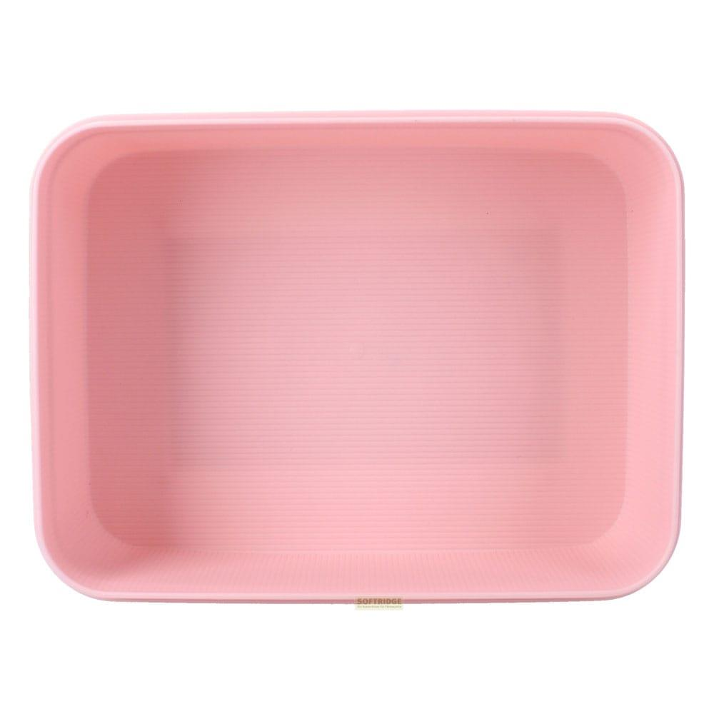 Ein rosa rechteckiger Plastikbehälter mit gerippter Innenseite. Die Marke SOFT RIDGE ist sichtbar.