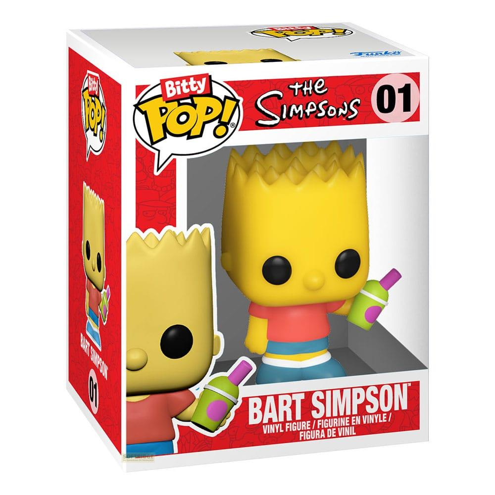 Action figure in vinile Funko Pop! Bart Simpson in scatola, tiene una bottiglia verde.