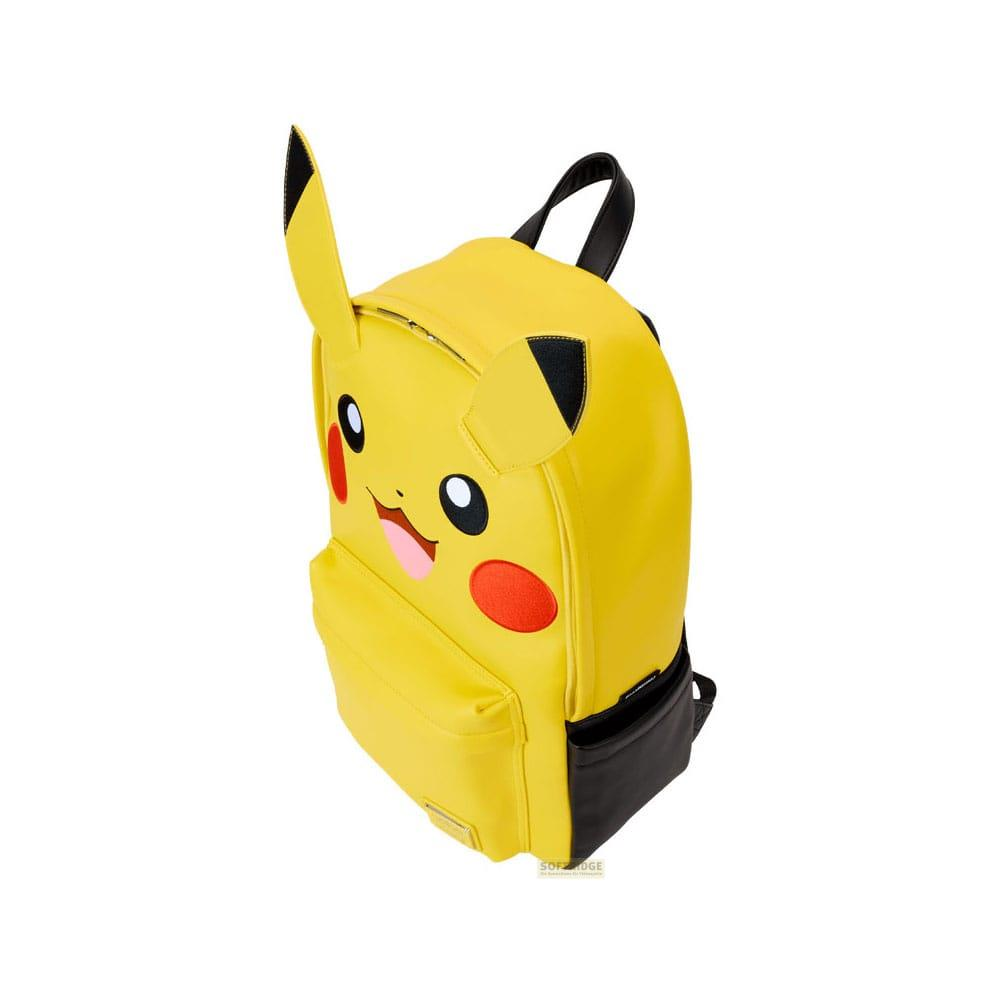 Una mochila amarilla de Pikachu con orejas y mejillas negras.