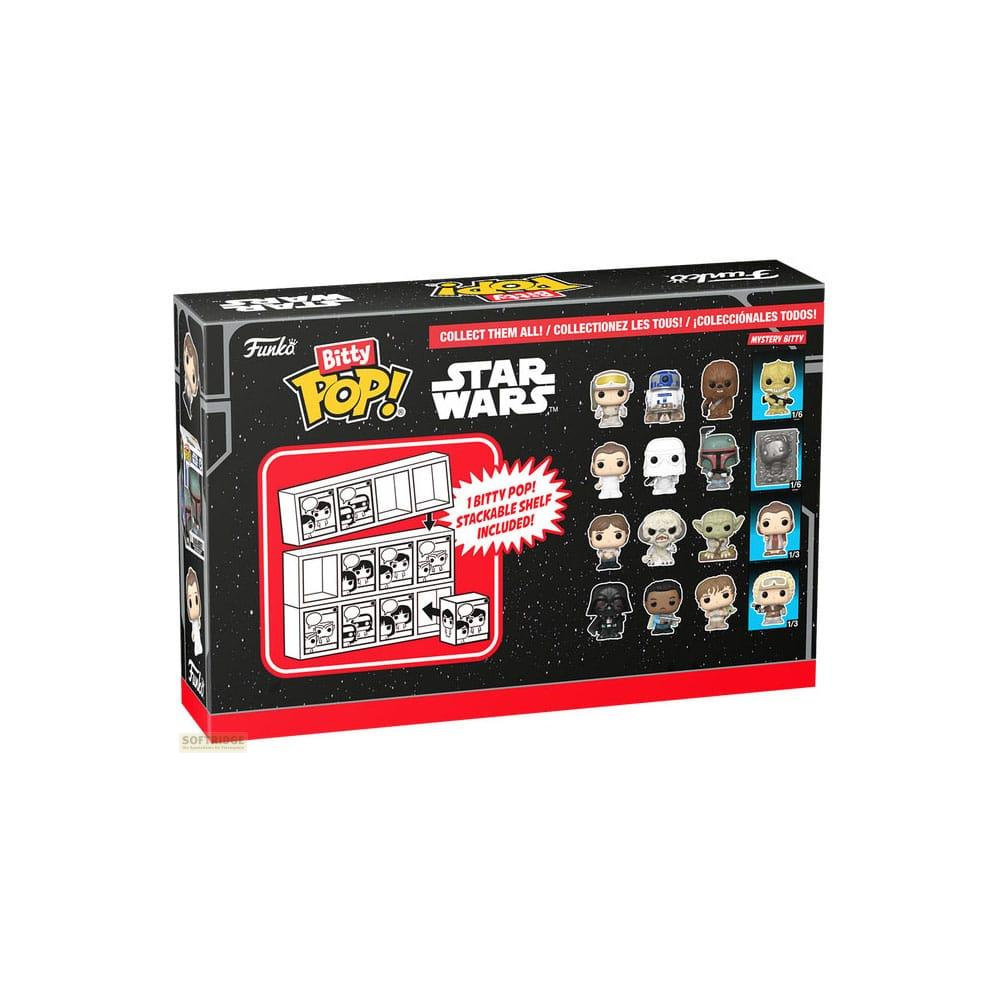 Scatola Funko Bitty Pop! Star Wars con figure e illustrazione di scaffale impilabile.