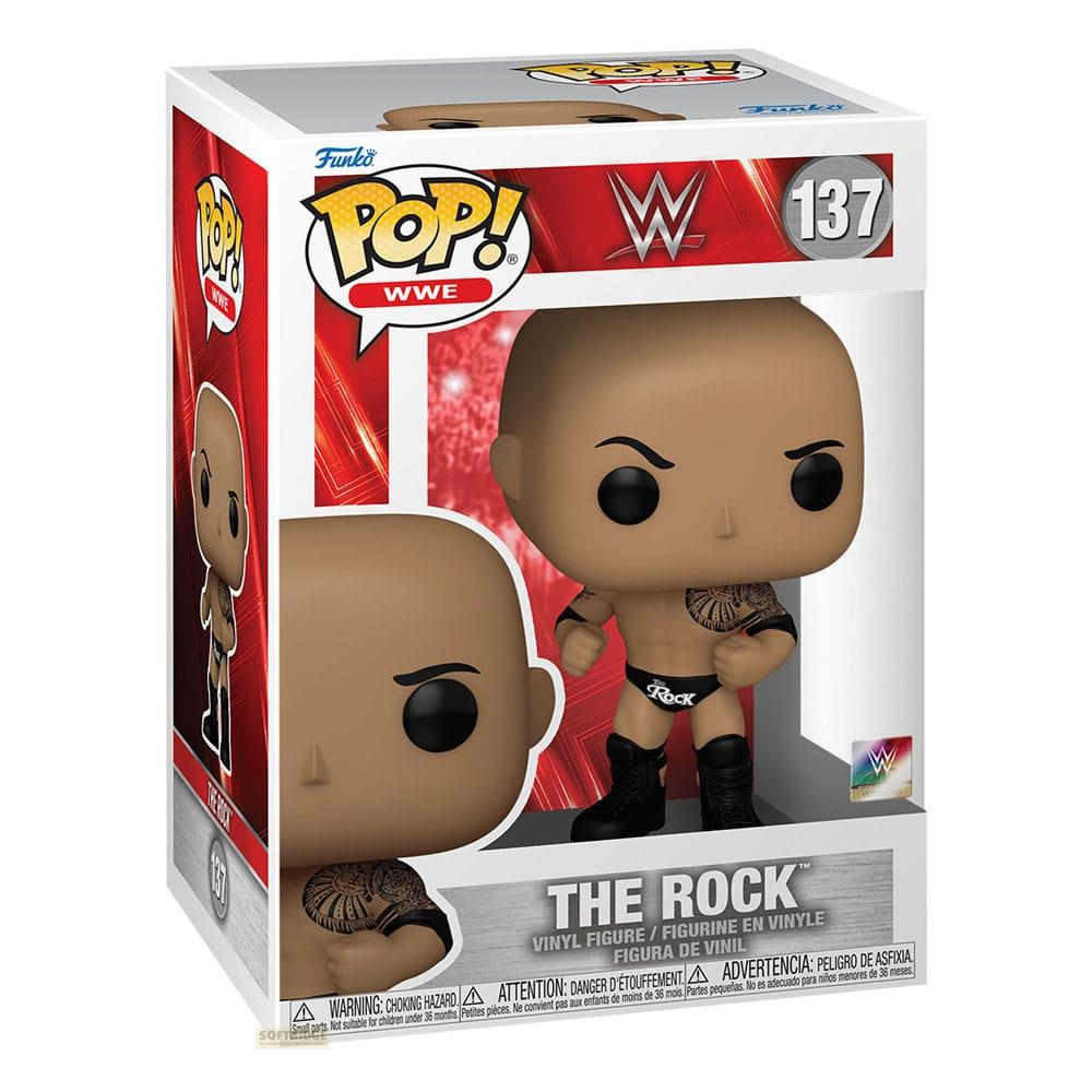 Figura de vinilo Funko Pop! WWE de The Rock en caja expositora con etiquetas.