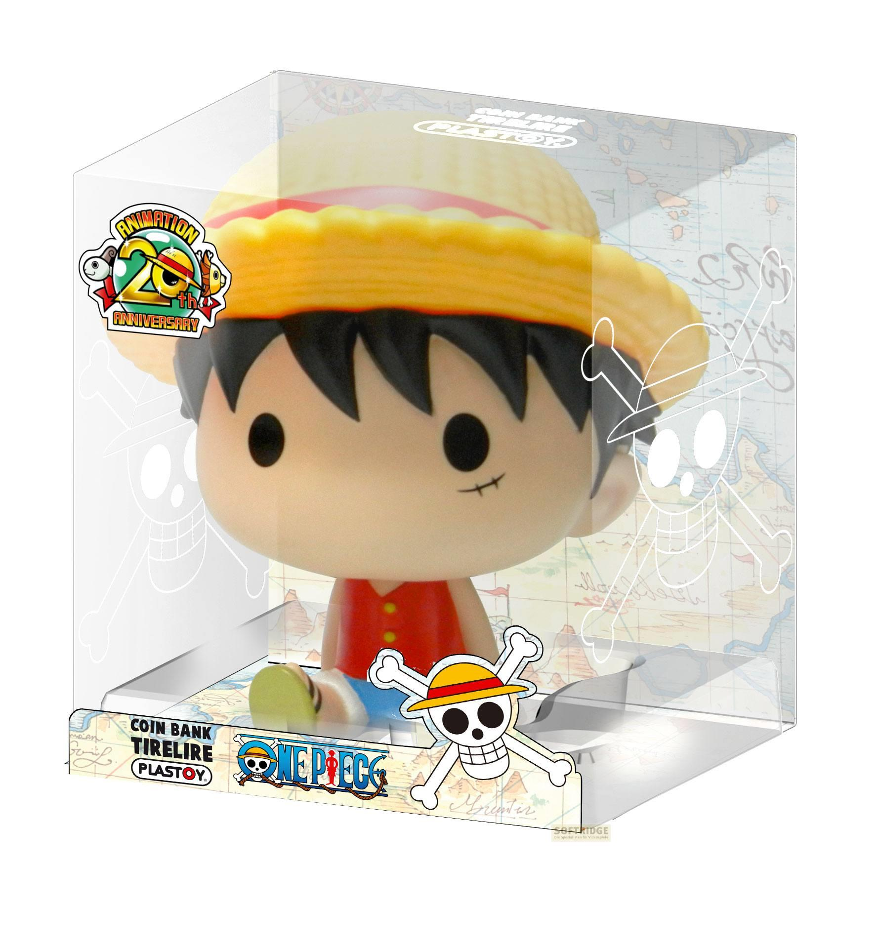Eine Spielzeugfigur von Monkey D. Luffy in einer Box, die für das 20-jährige Jubiläum wirbt.