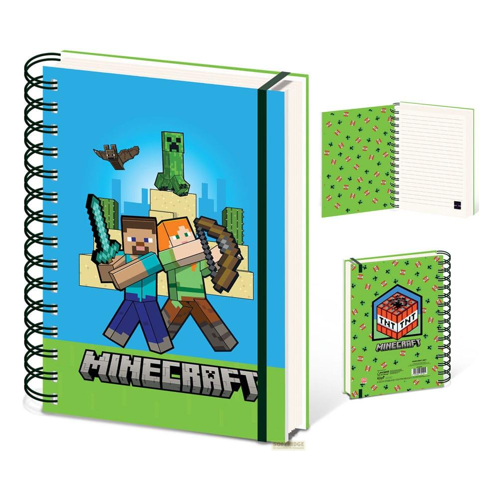 Personajes de Minecraft Steve y Alex con espada y arco en un cuaderno de portada azul.