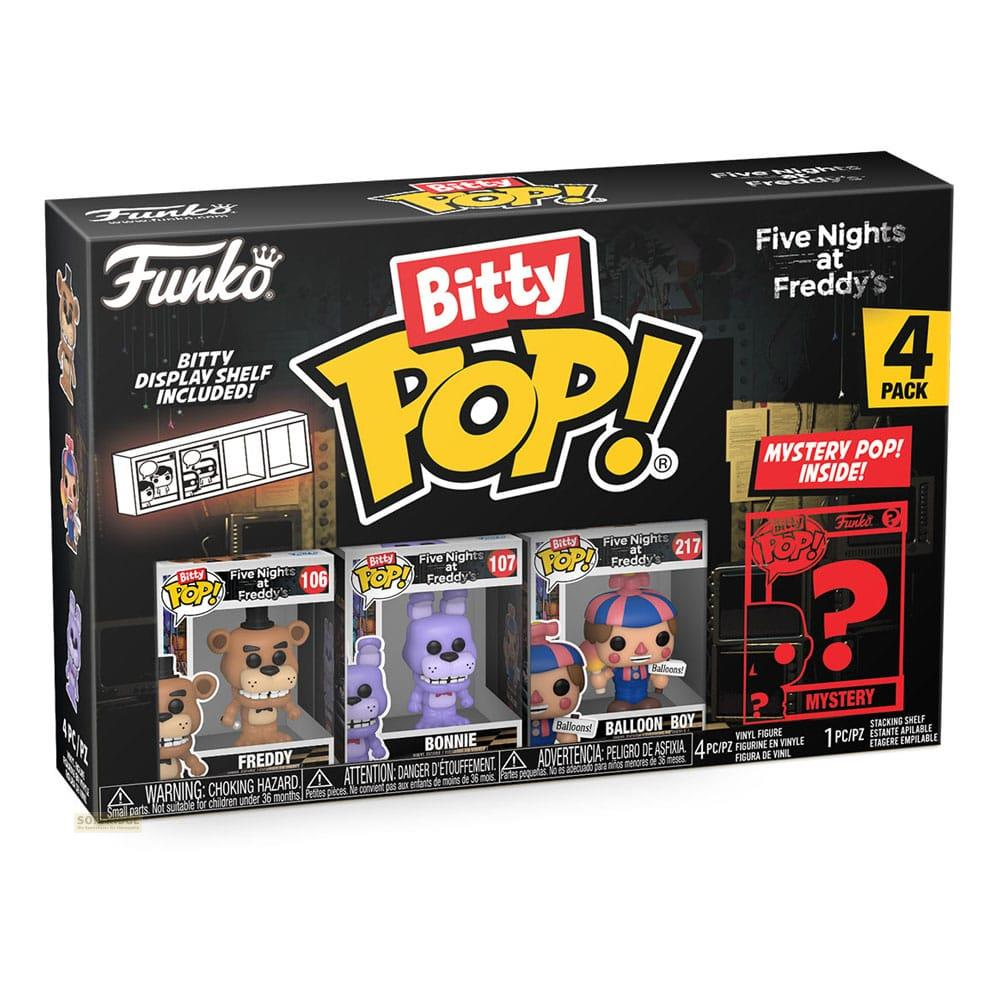 Zestaw Funko Bitty Pop! w pudełku na 4 sztuki z Freddym, Bonnie, Balloon Boyem i tajemniczą figurką z Five Nights at Freddy's.