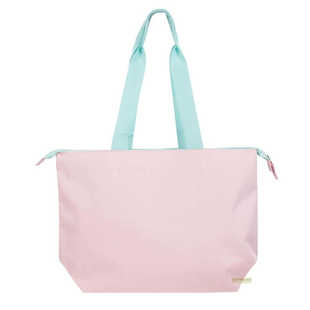 Un bolso tote rosa con asas y cremallera azul claro.