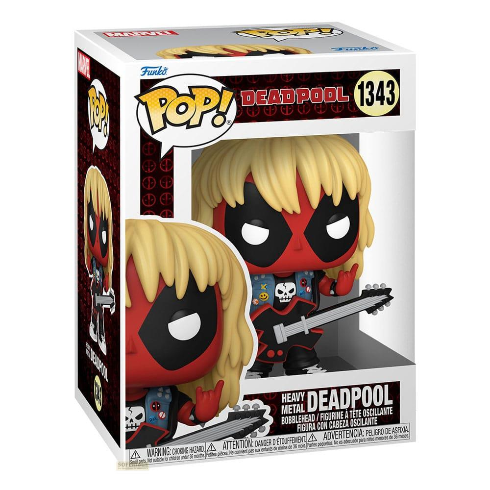 Action figure Funko Pop Deadpool con parrucca bionda, outfit nero e chitarra.