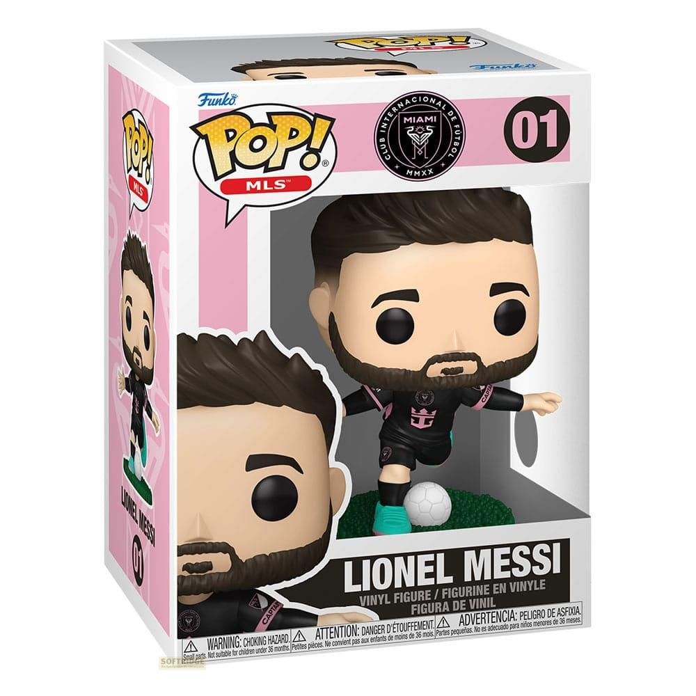 Figura Funko Pop de vinilo de Lionel Messi con uniforme del Miami FC y balón.