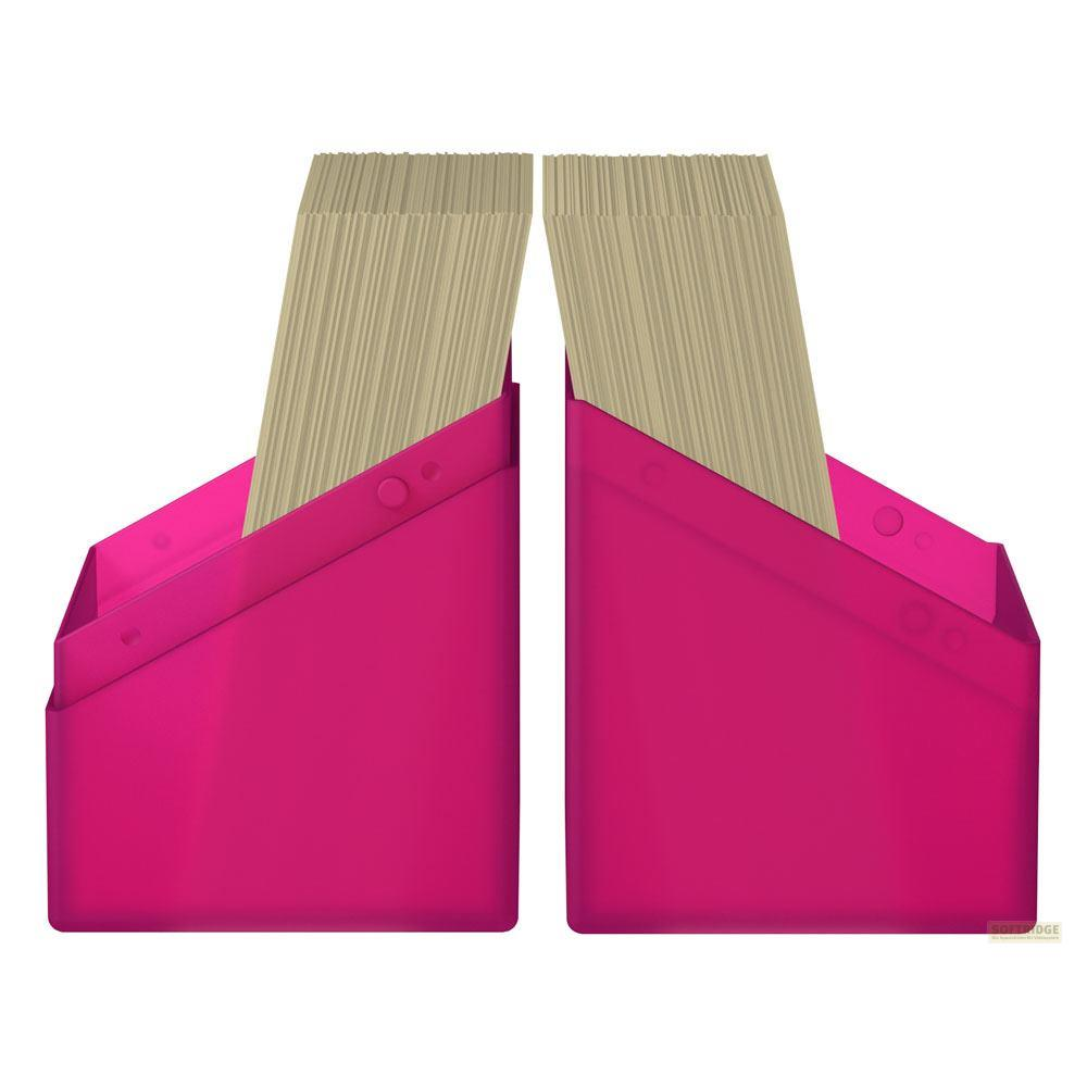 Due porta documenti rosa con carta beige all'interno, su sfondo bianco.