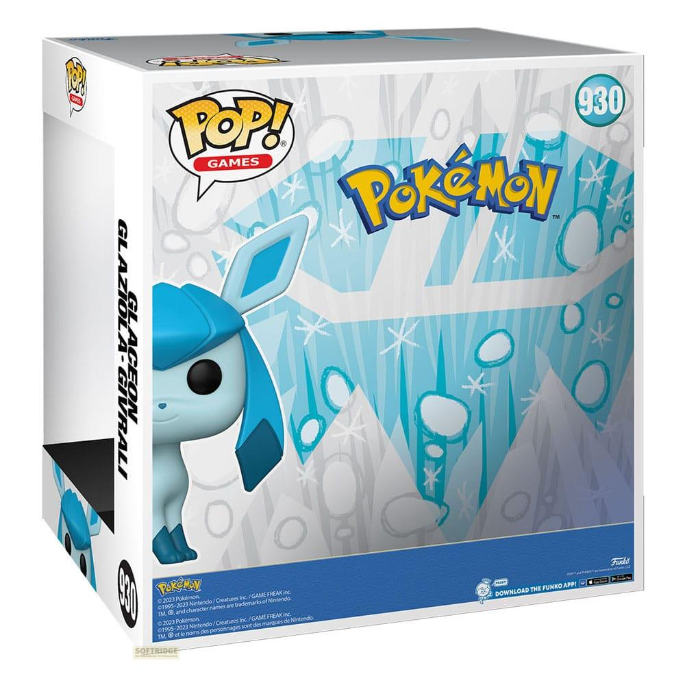Scatola Funko Pop per Glaceon, con il personaggio Pokémon su sfondo blu ghiacciato.