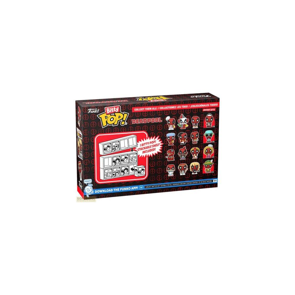 Caja Funko Bitty Pop! Deadpool con figuras y estante apilable.