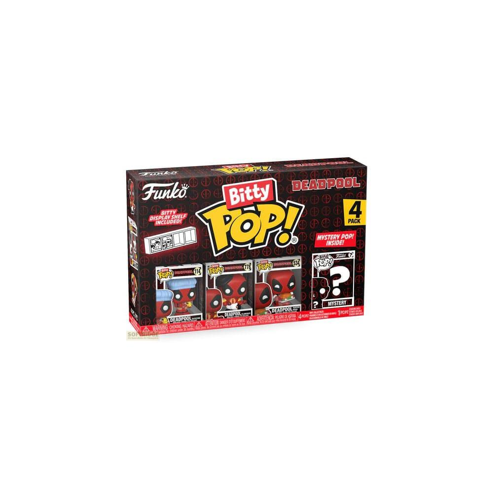 Funko Bitty Pop! Deadpool paquete de 4 con estante de exhibición y pop misterioso.