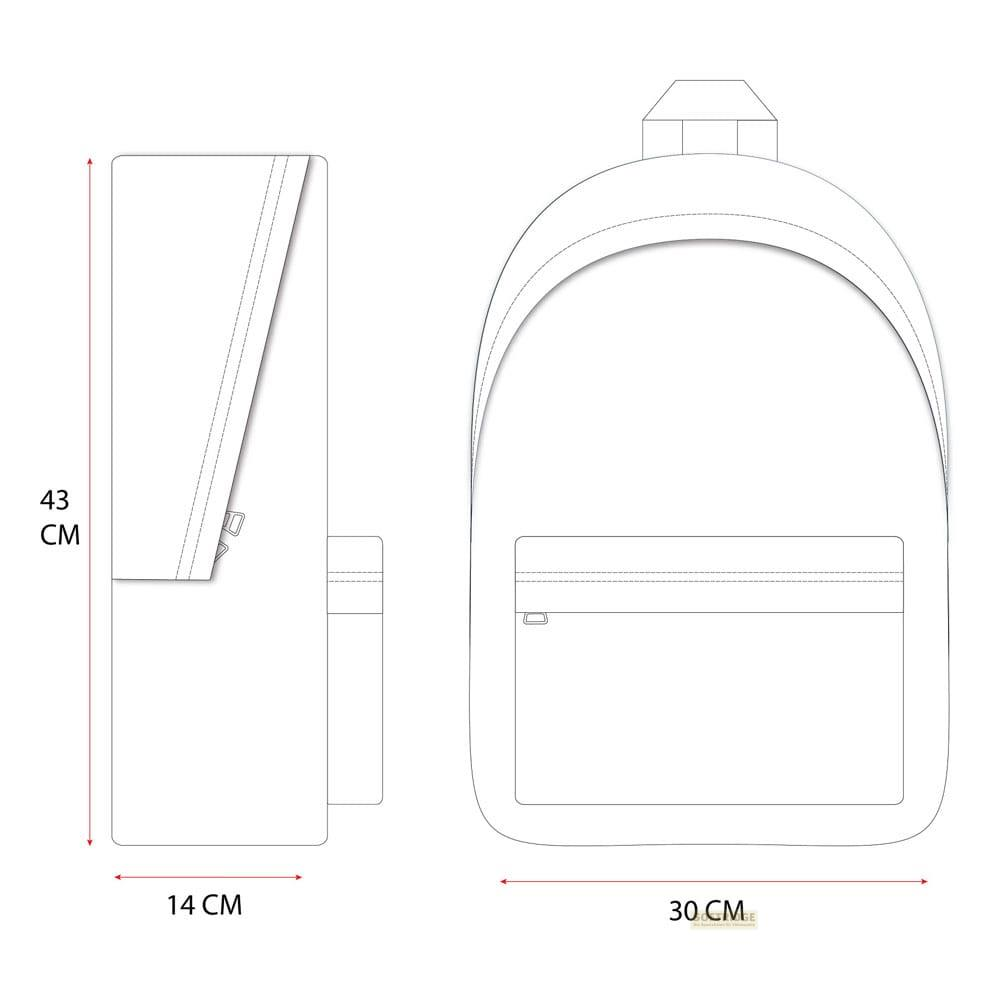Zeichnung eines Rucksacks, 43cm hoch, 14cm breit, 30cm tief.