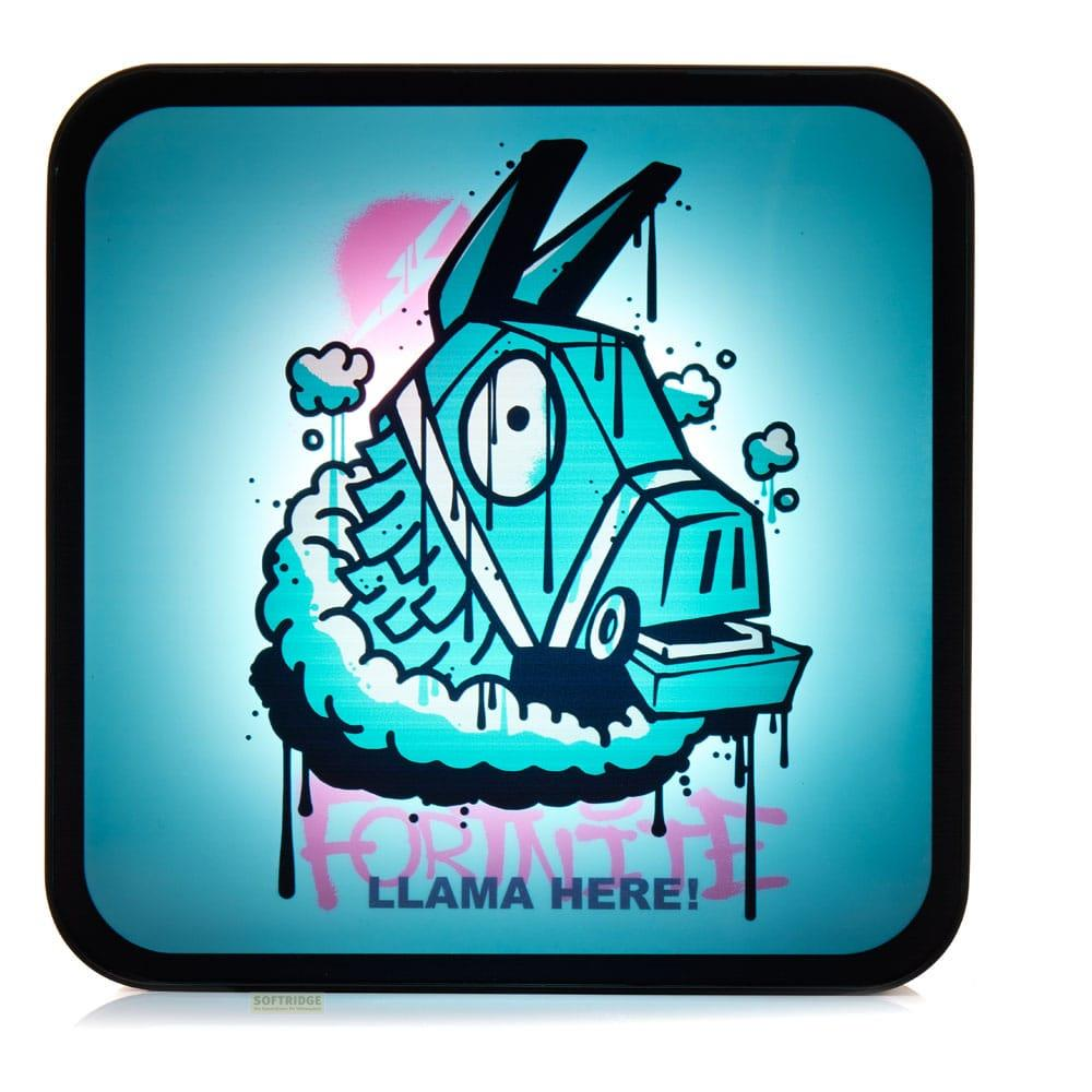 Fortnite Llama-Piñata mit pinker Sprühfarbe und Text. Blau, Türkis, Pink.