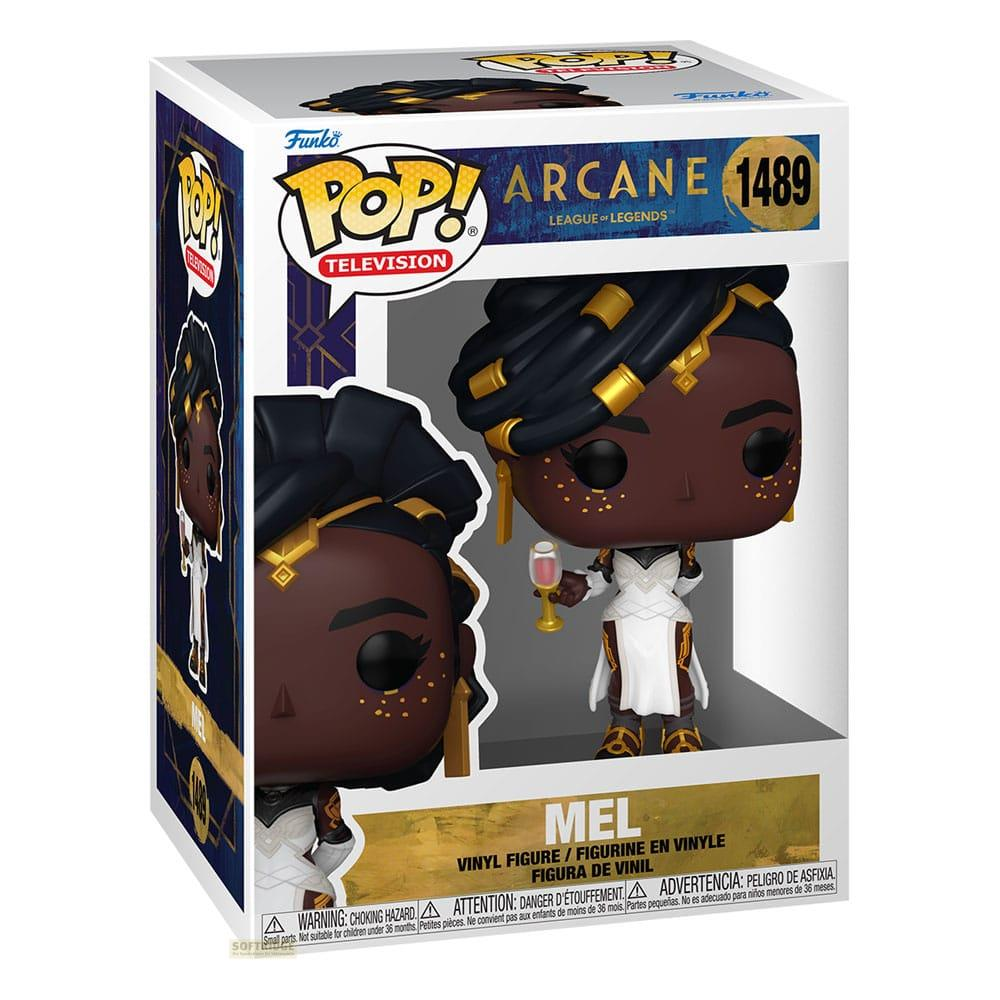 Figura Funko Pop! de Mel de Arcane, sosteniendo una copa. Pelo negro con detalles dorados.