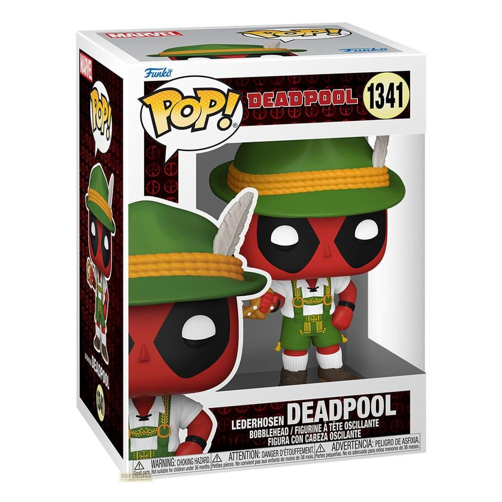 Deadpool Funko Pop-Figur in Lederhosen-Kleidung mit grünem Hut und Feder.