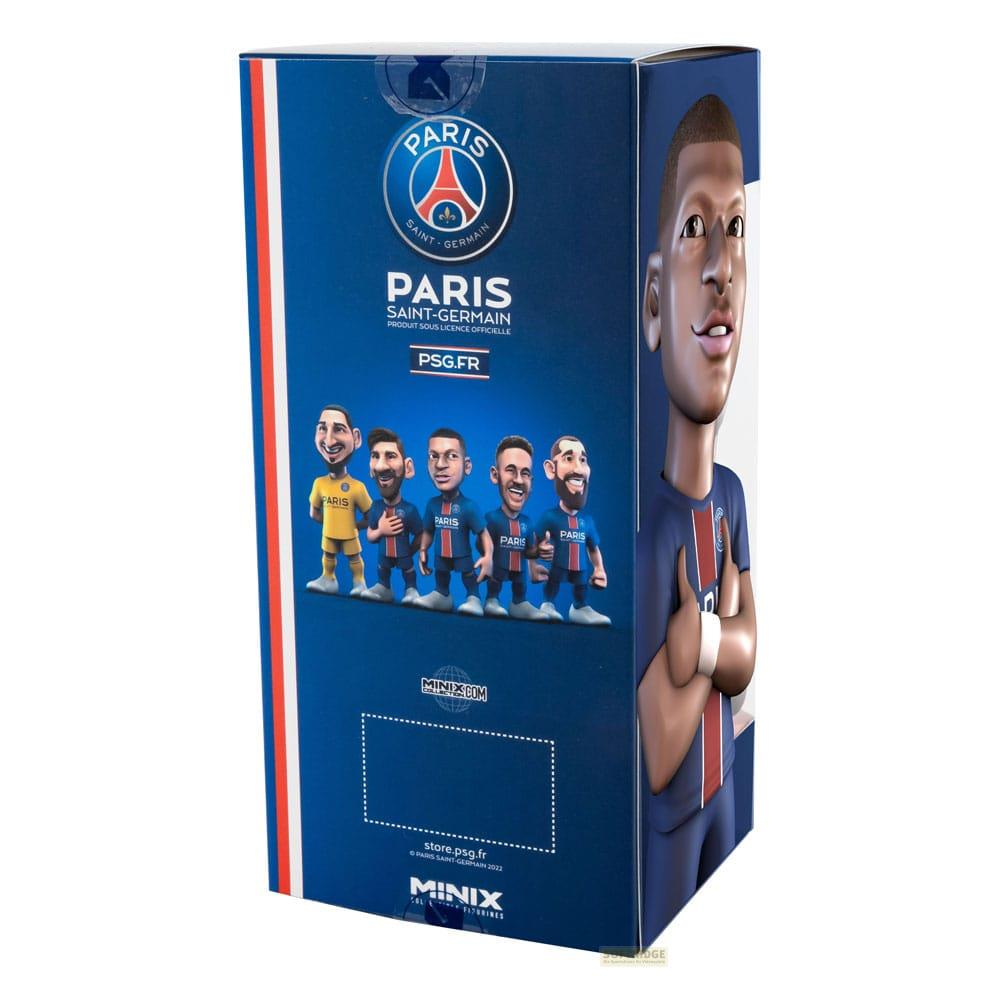 Scatola Paris Saint-Germain con giocatori stilizzati e figura di Mbappé. Logo PSG e info store.