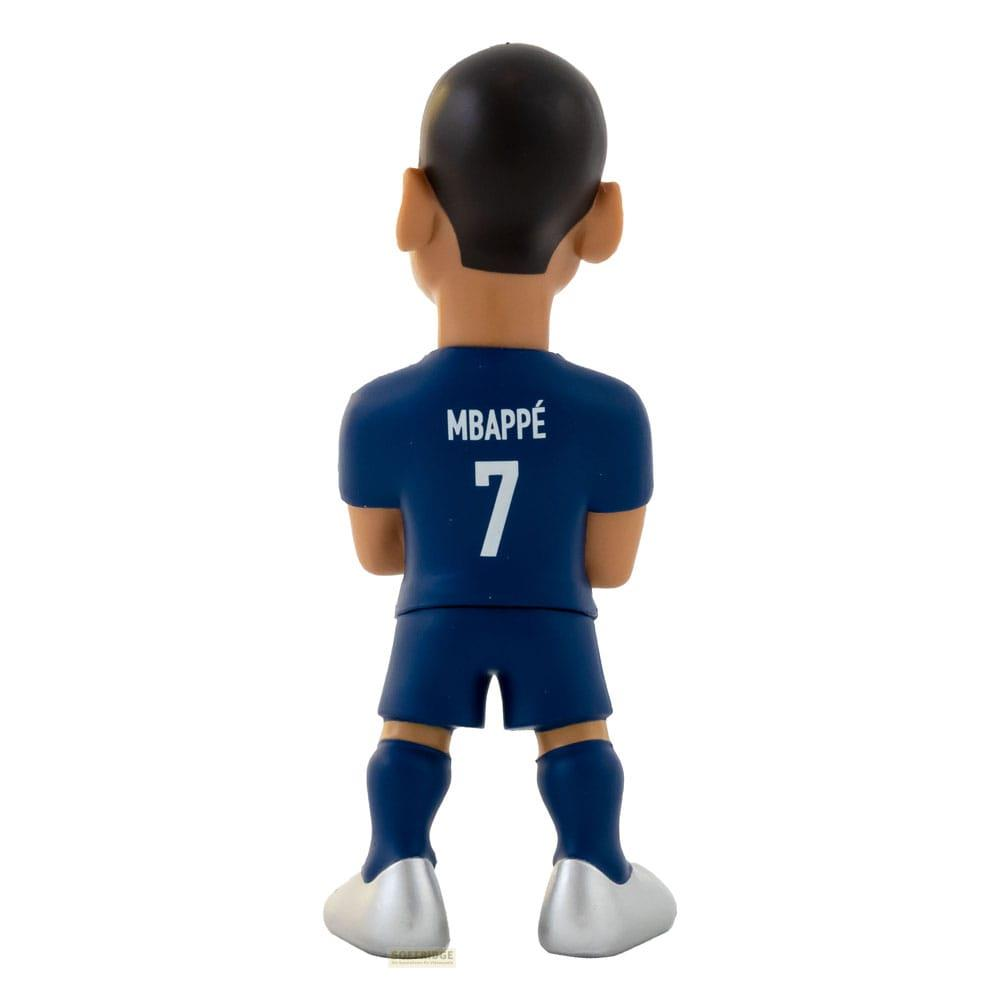 Vista posteriore di una miniatura di calciatore in maglia blu con 'MBAPPE 7' e pantaloncini blu.