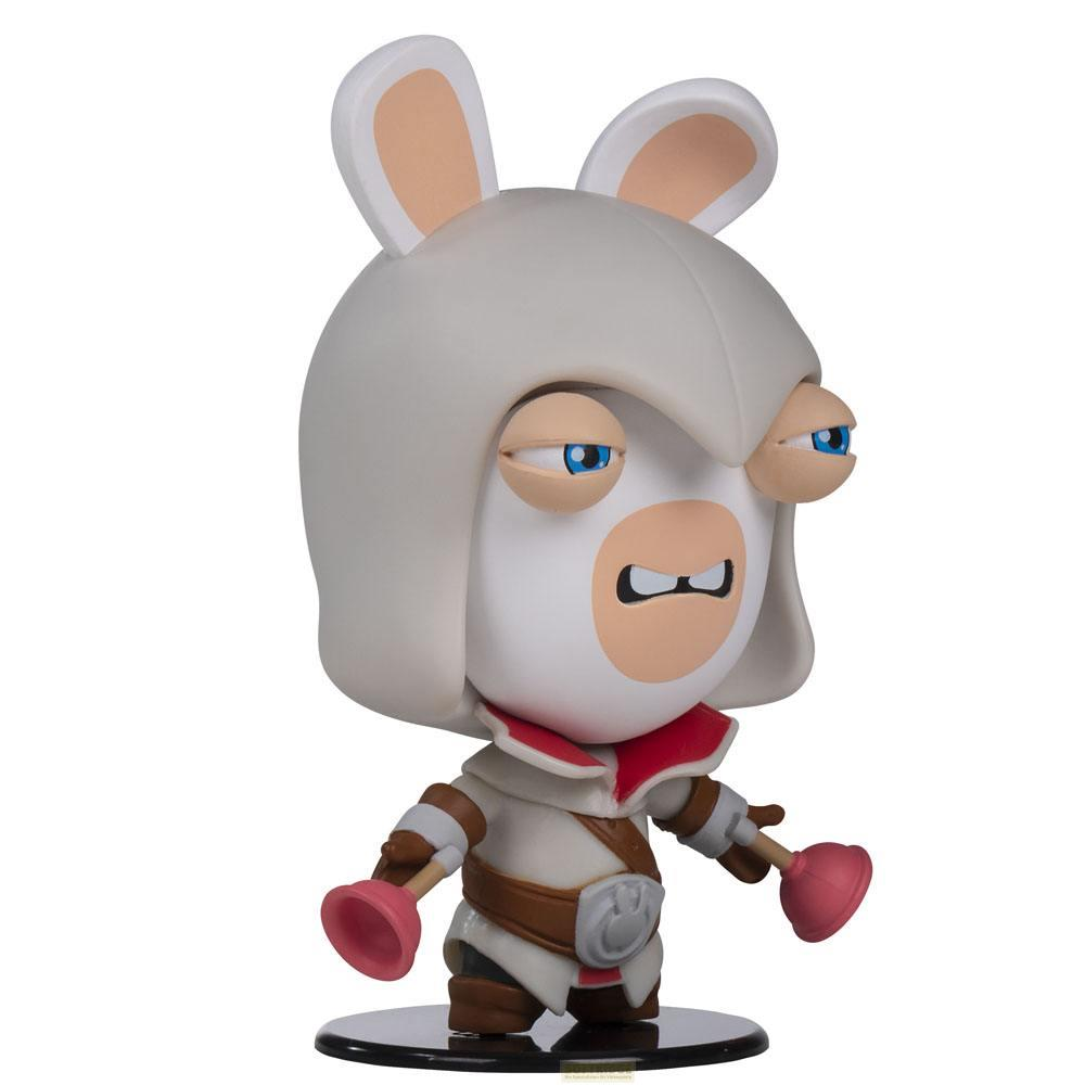 Eine weiße Cartoonfigur mit Hasenohren trägt einen grauen Helm und Outfit und hält Pömpel.