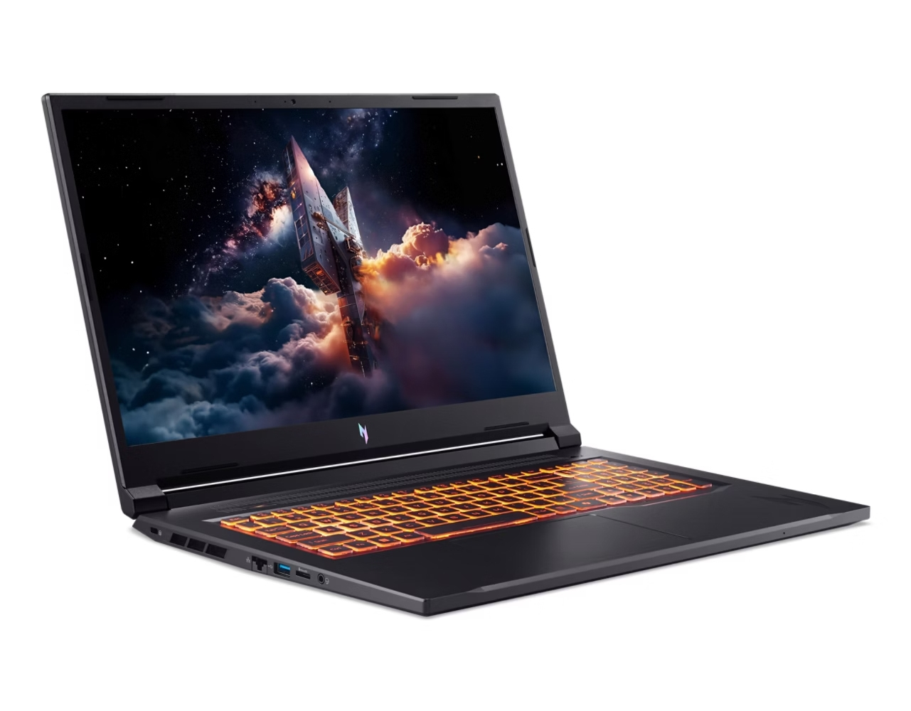 Un laptop nero con tastiera retroilluminata arancione mostra un'astronave nello spazio.