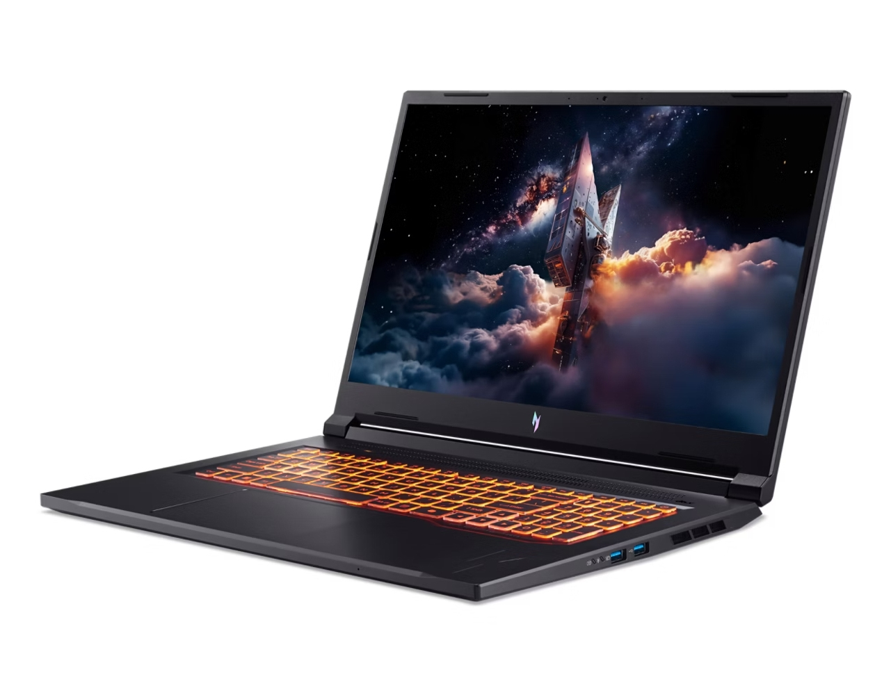 Un laptop nero con tastiera retroilluminata arancione mostra un'astronave in una nebulosa sul suo schermo.
