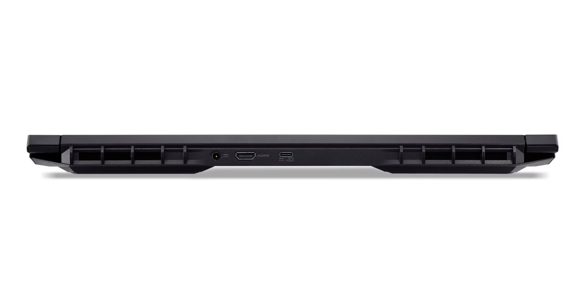 Lato nero del laptop con prese d'aria, porte HDMI e USB.