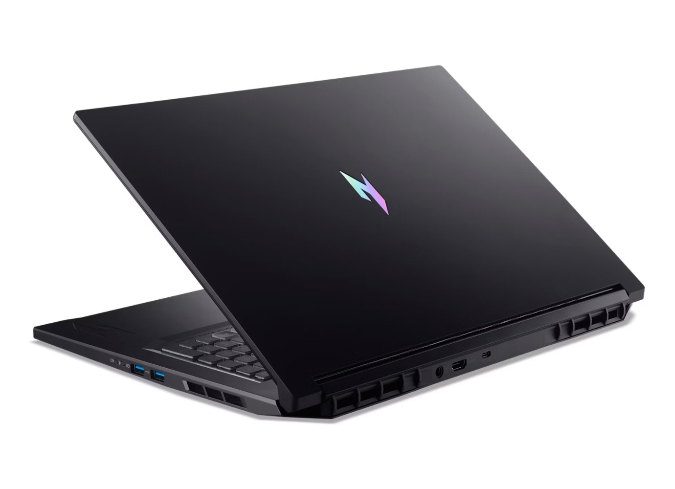 Un laptop nero con logo colorato sul coperchio, aperto per mostrare la tastiera.