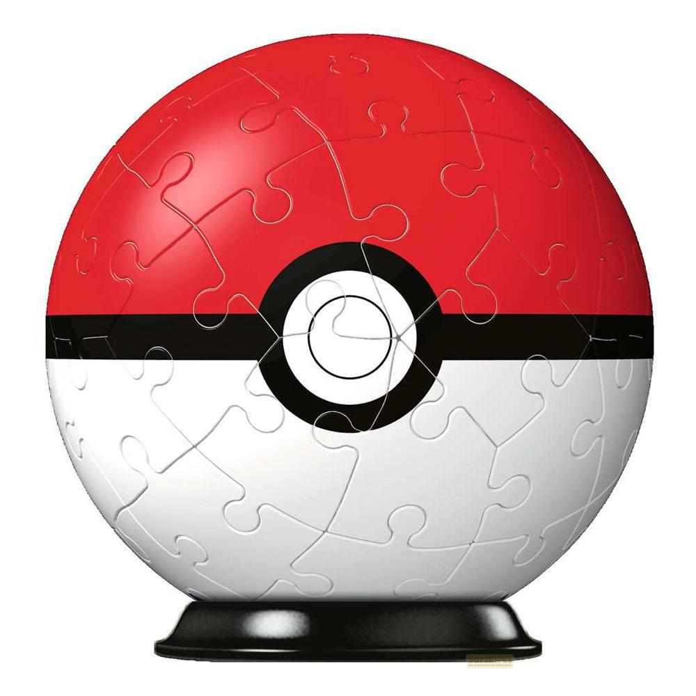 Puzzle 3D Pokeball Pokémon, czerwone na górze, białe na dole, z czarnym pasem.