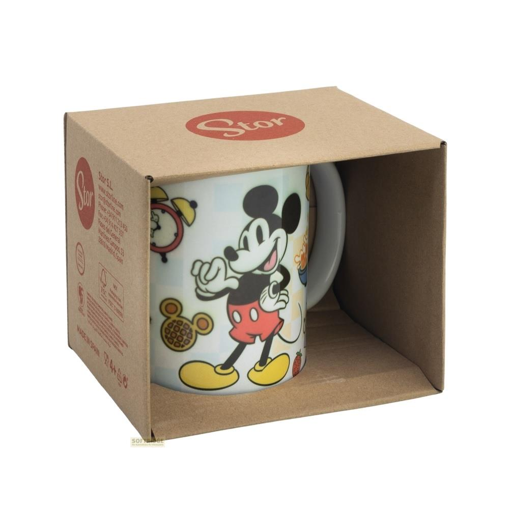 Taza de Mickey Mouse en caja de cartón marrón. Presenta a Mickey, gofres y un despertador.
