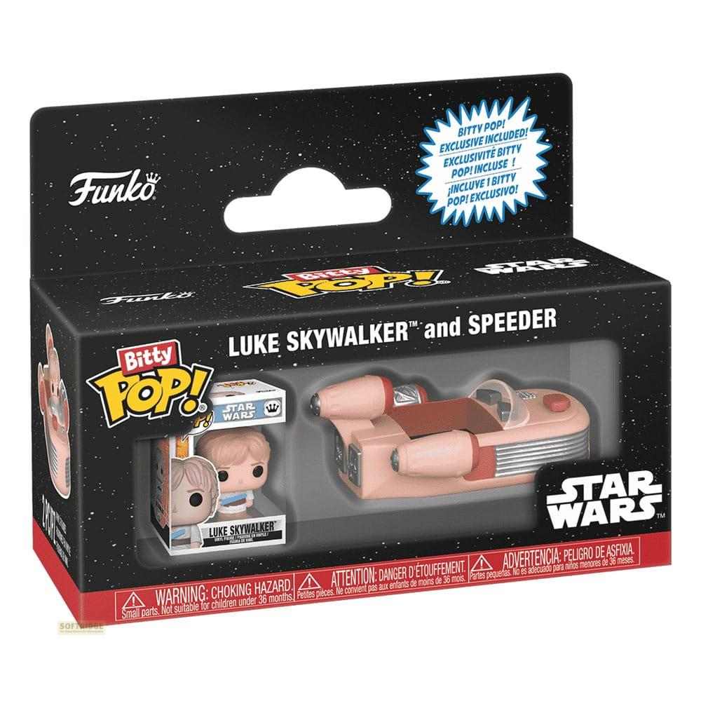 Funko Bitty Pop!-Verpackung mit Luke Skywalker und seinem Speeder aus Star Wars.