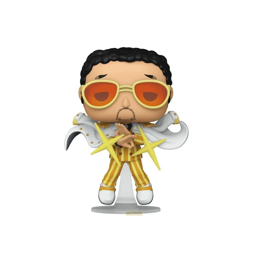 Figurka Funko Pop mężczyzny z czarnymi włosami, okularami przeciwsłonecznymi i żółtym pasiastym garniturem.