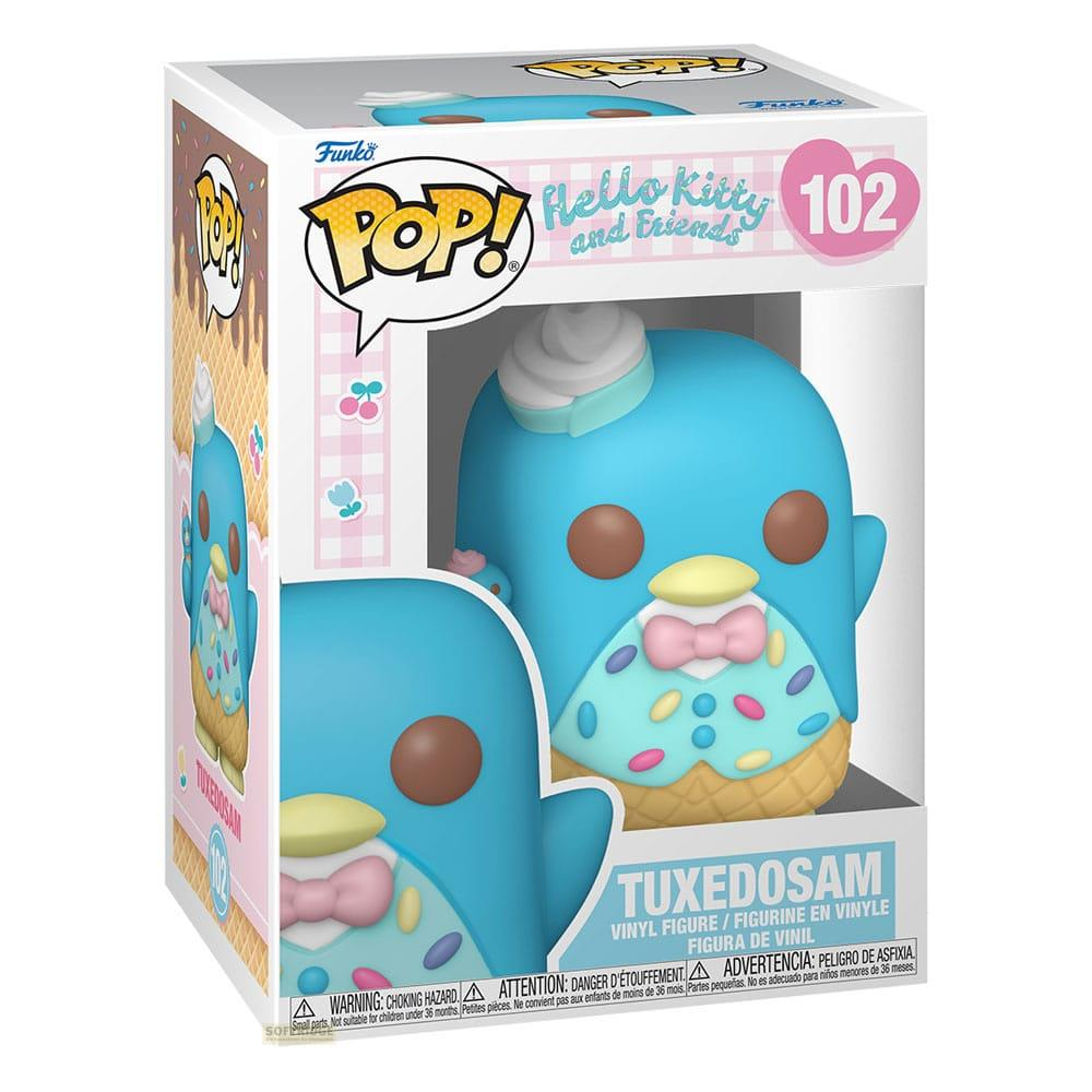 Una figura azul de Tuxedosam en una caja Funko Pop! de Hello Kitty y Friends.