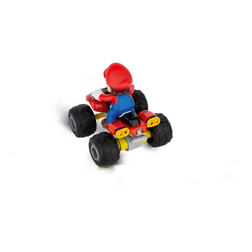 Figurine de Mario dans un kart rouge et jaune avec roues noires, vue de dos.