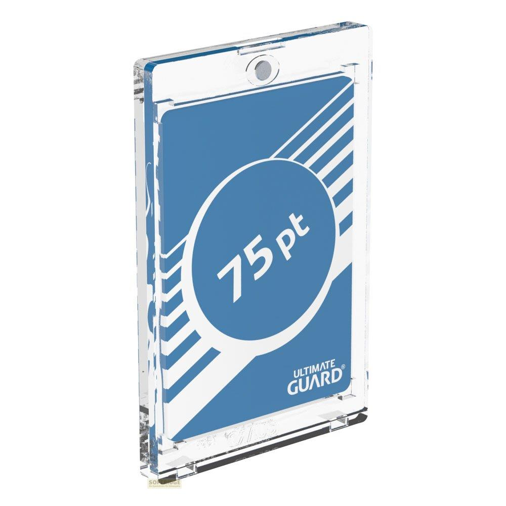 Eine durchsichtige Kartenhülle mit blauem Design und Text '75 pt'. Ultimate Guard Logo.
