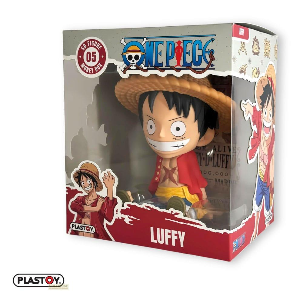 Una figura de caja de dinero de One Piece de Luffy en su embalaje, mostrando al personaje con sombrero de paja.