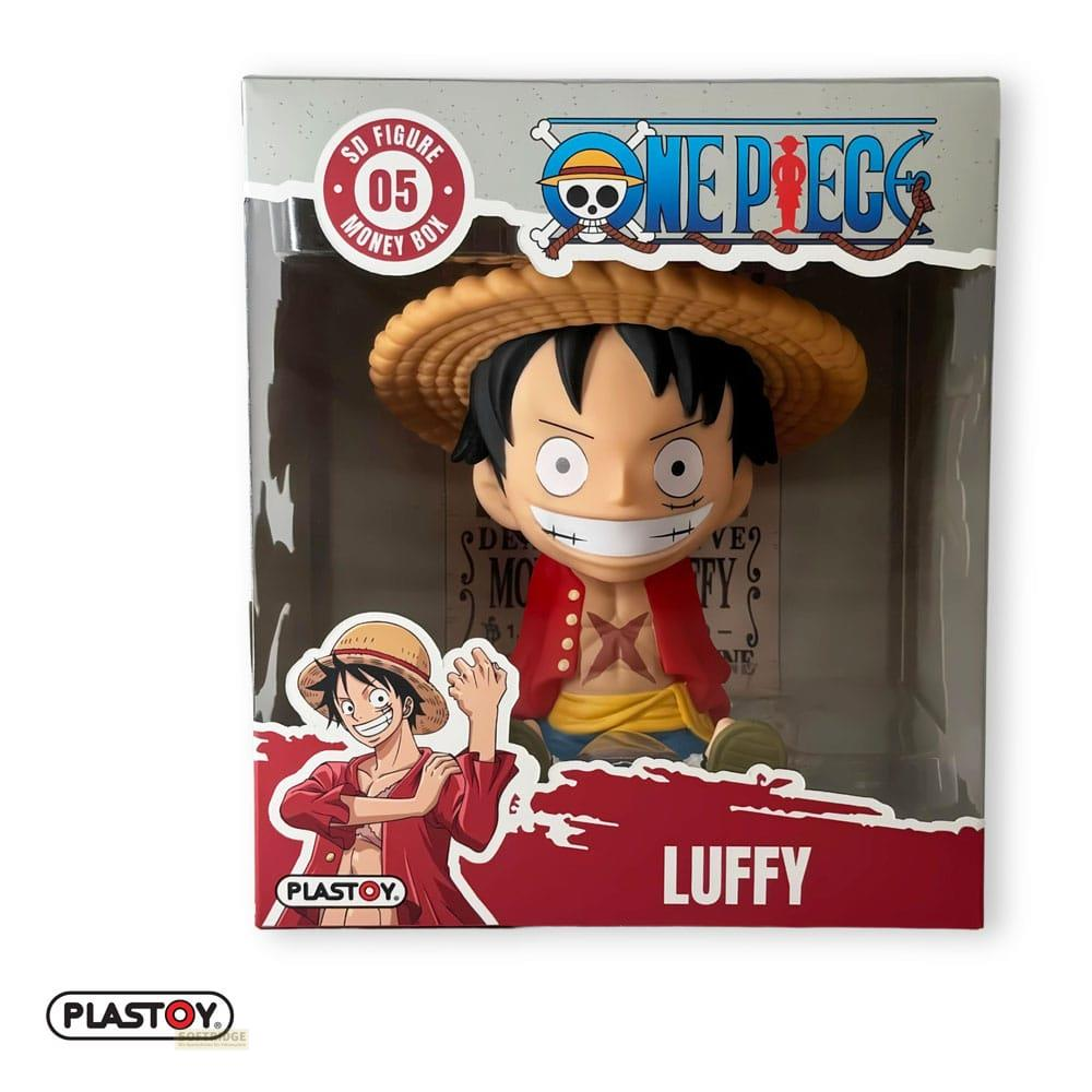 Caja de dinero figura SD de Luffy de One Piece en embalaje. Luffy lleva sombrero de paja y chaqueta roja.