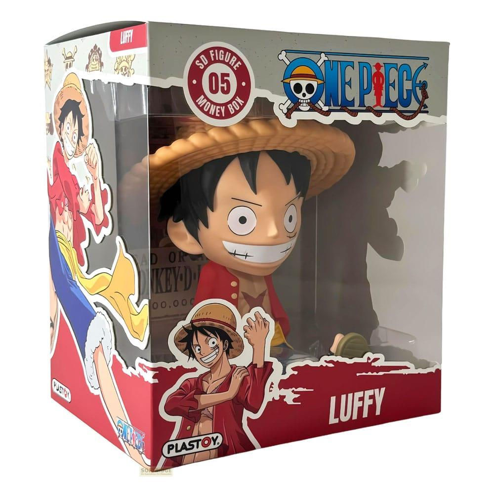 Figura de Luffy de One Piece en una caja, con el personaje al frente y al lado.