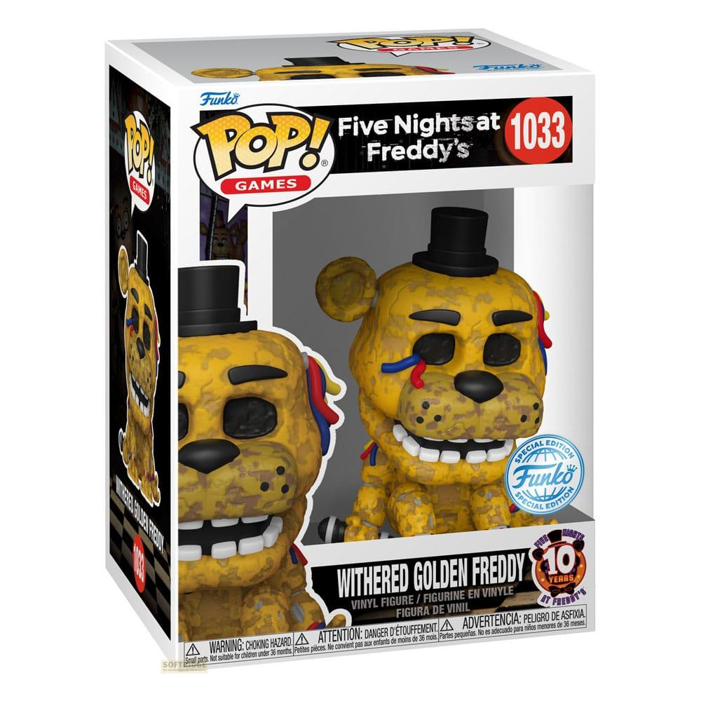 Pudełko Funko Pop z Withered Golden Freddy z Five Nights at Freddy's, edycja 10. rocznica.